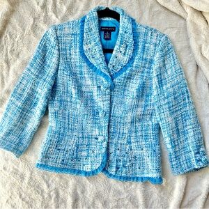 SPENSER JEREMY Blue Tweed Blazer Jacket with Pearl and Lace Detail 6